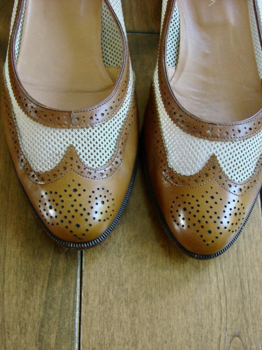 Ralph Lauren Leather Ballet Flat Brown Cream Mesh Flats Loafers Wingtip Size 6.5 - Picture 6 of 15